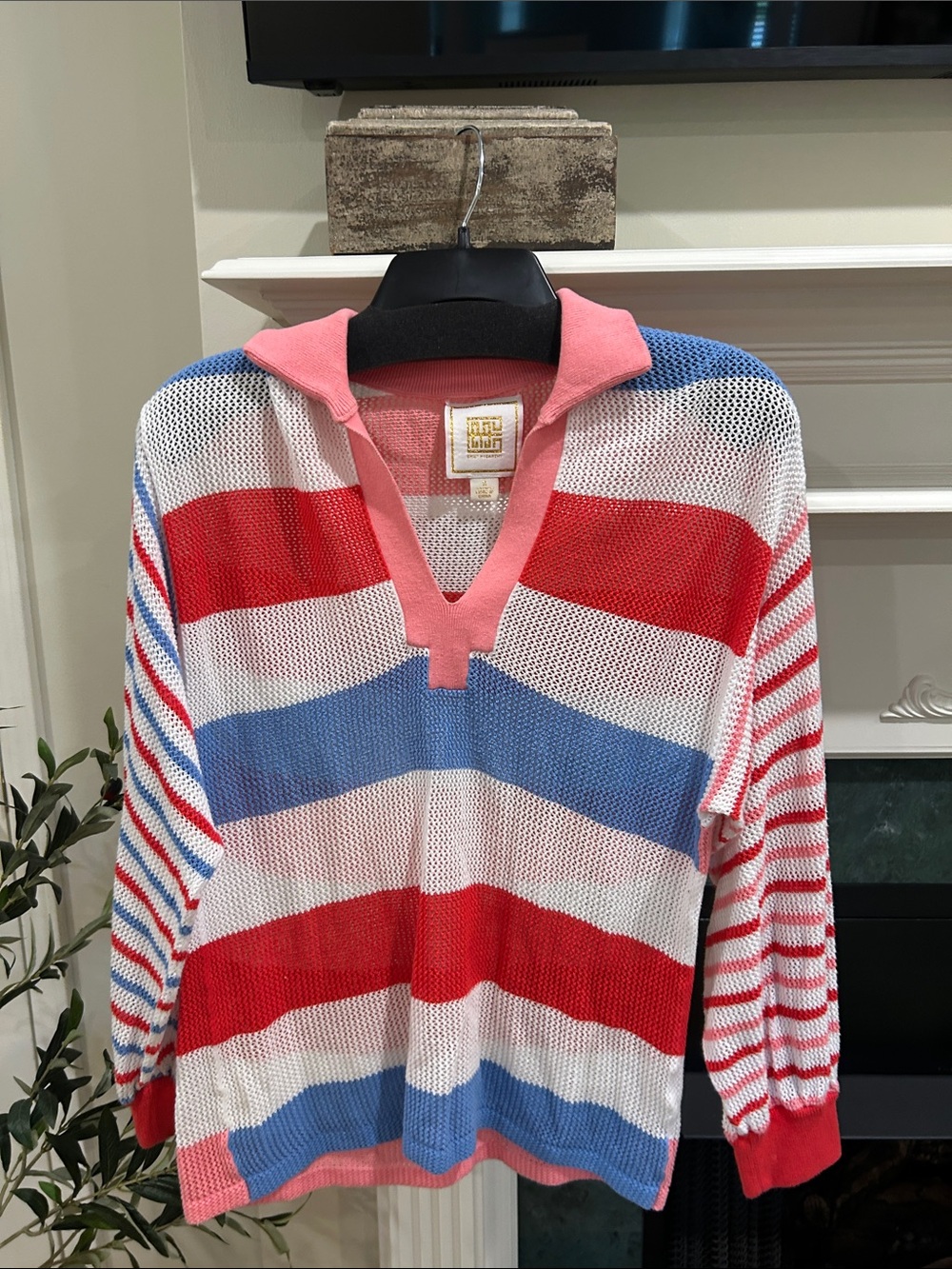 Women’s Striped V-Neck Sweater - Pink, Red & Blue - summer mesh sweater